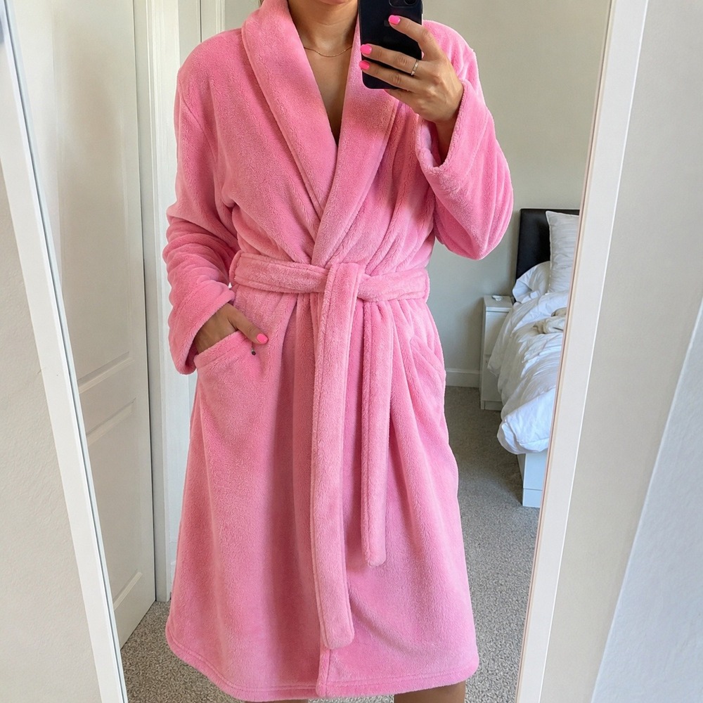 Anne Lewin Pink Fleece Robe Shawl Collar Plush Long Belted Loungewear Large - Picture 1 of 8